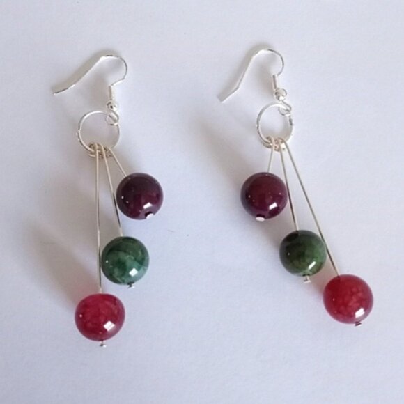 Pink green watermelon agate beaded drop dangle earrings new handmade - Picture 3 of 5